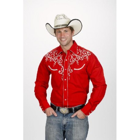 Men's Retro Western cowboy Shirt red LEAF EMBROIDERY